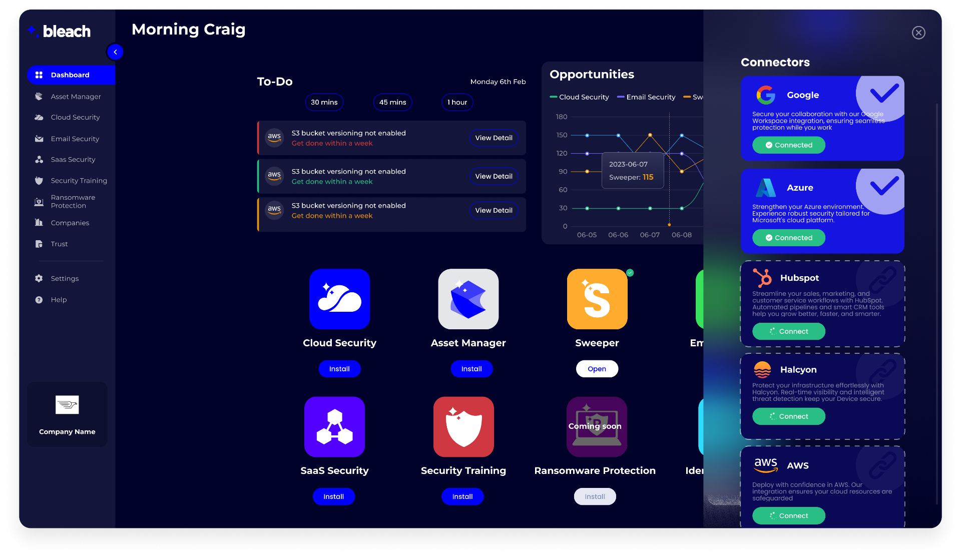 Bleach Security apps dashboard featuring integrated security applications for cloud, email, and web protection