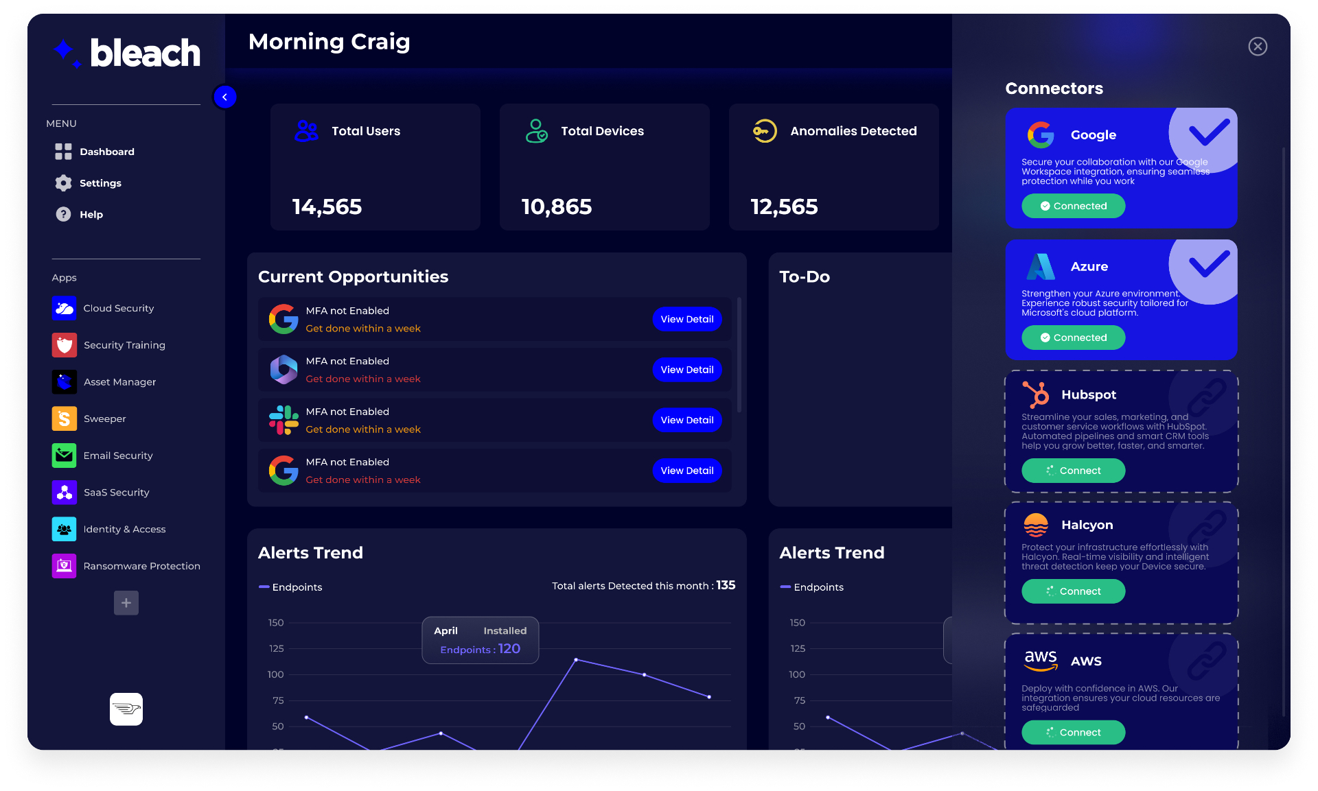 Bleach Security platform dashboard showing comprehensive threat detection and security monitoring interface