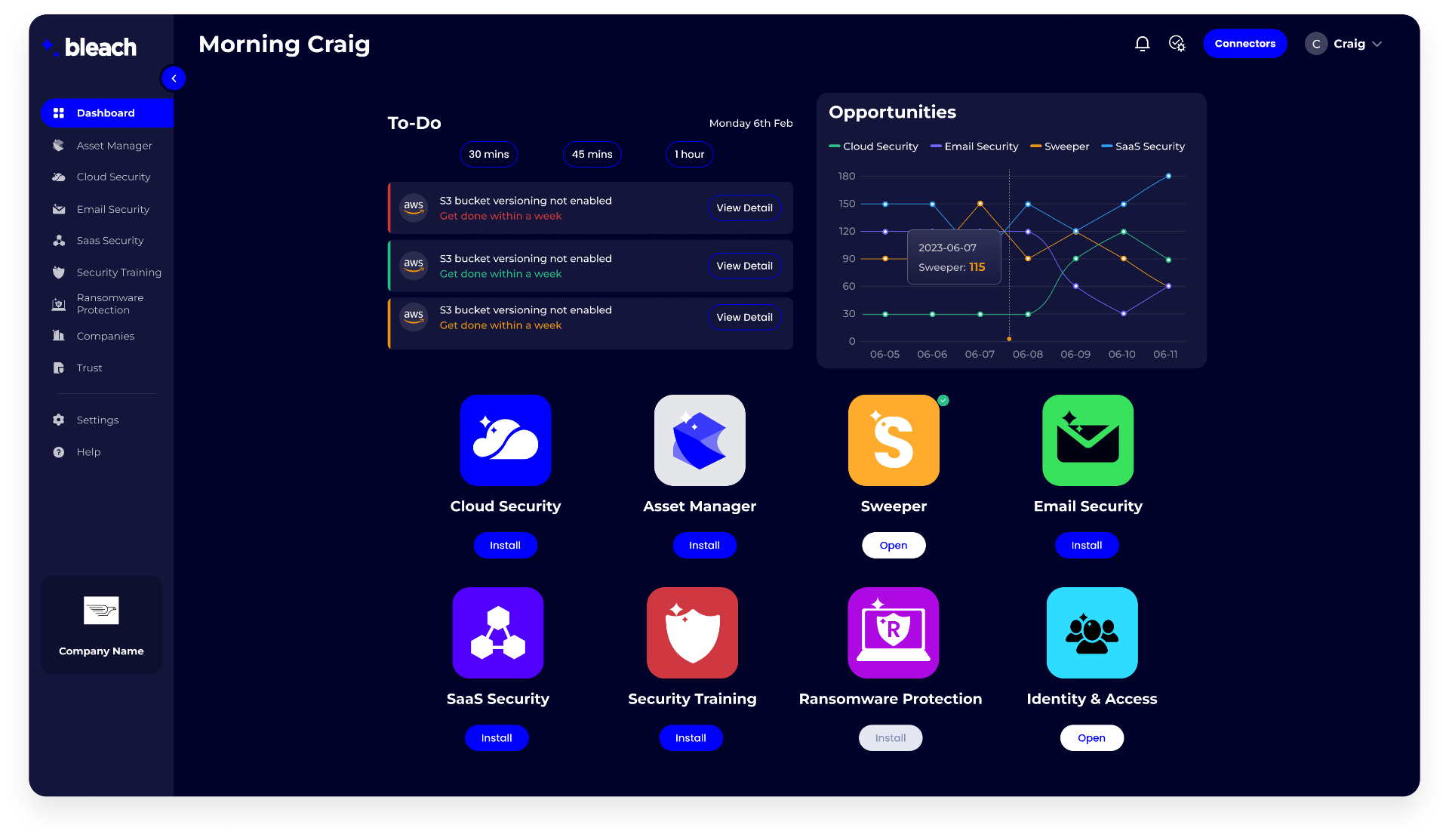 Bleach Security platform showing security insights and threat analytics dashboard