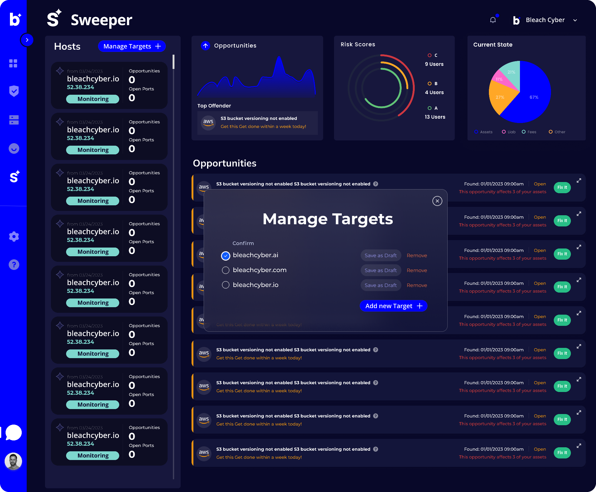 Bleach Sweeper Dashboard showing hosts monitoring, opportunities tracking, risk scores, and target management interface